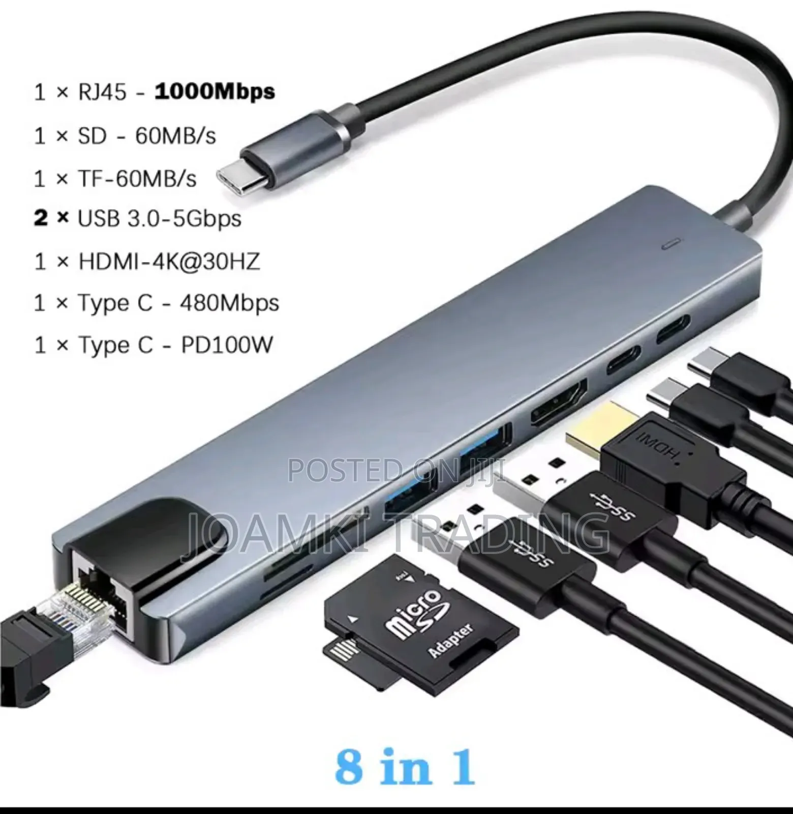 8 In 1 Usb C Hub 3.0 Splitter 4 Laptop, Pd Sd Tf Rj45 Hdmi