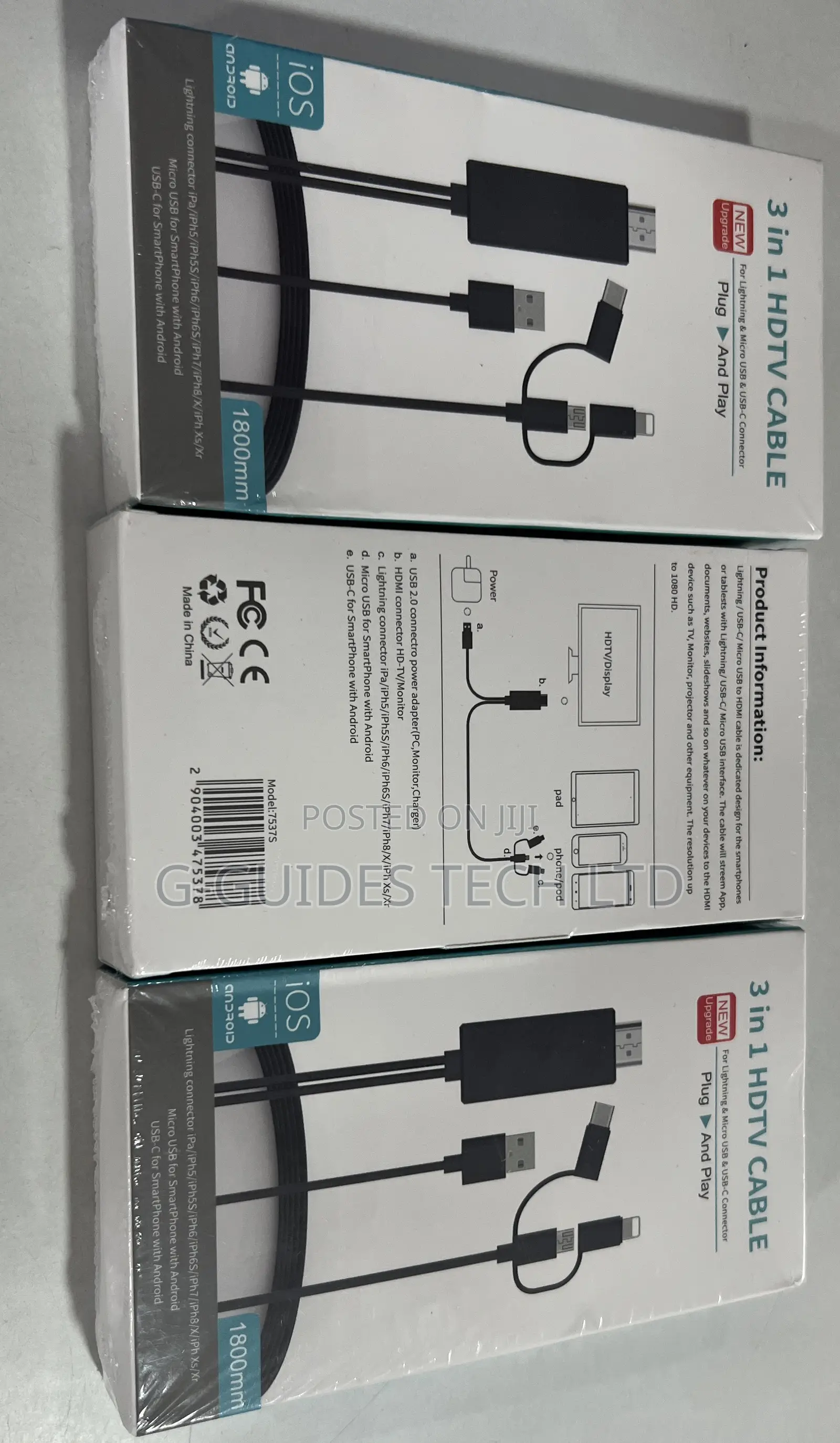 3 in 1 Hdmi to Type-C, iPhone, Android Smartphones Cable