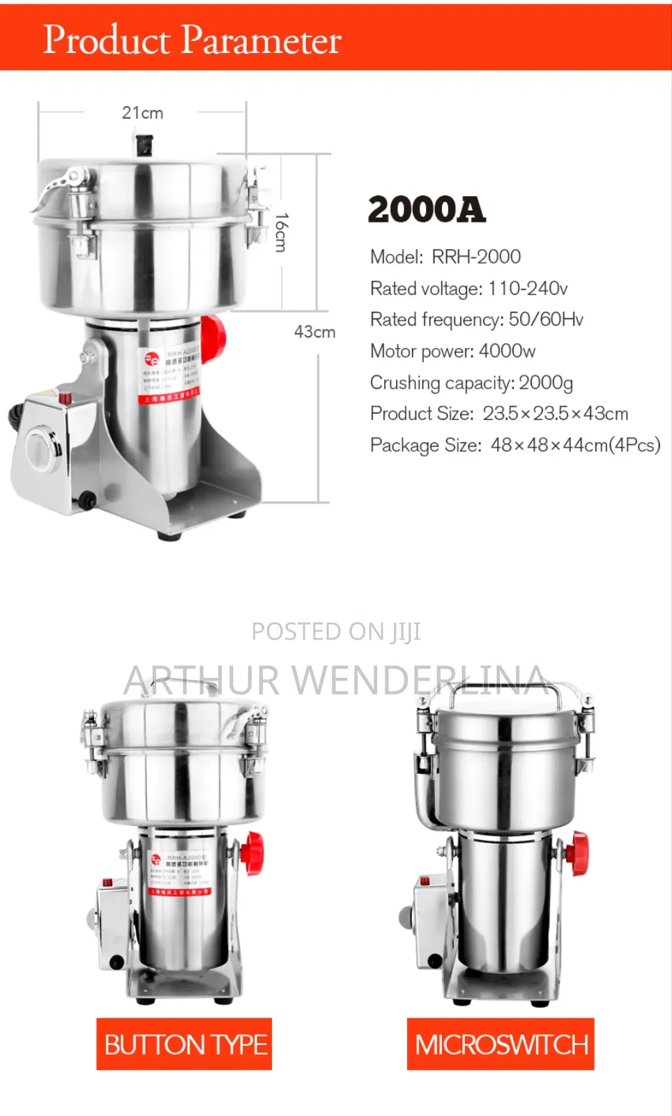 Ririhong 2000gcommercial Spices,Grain,Mill Electric Grinder