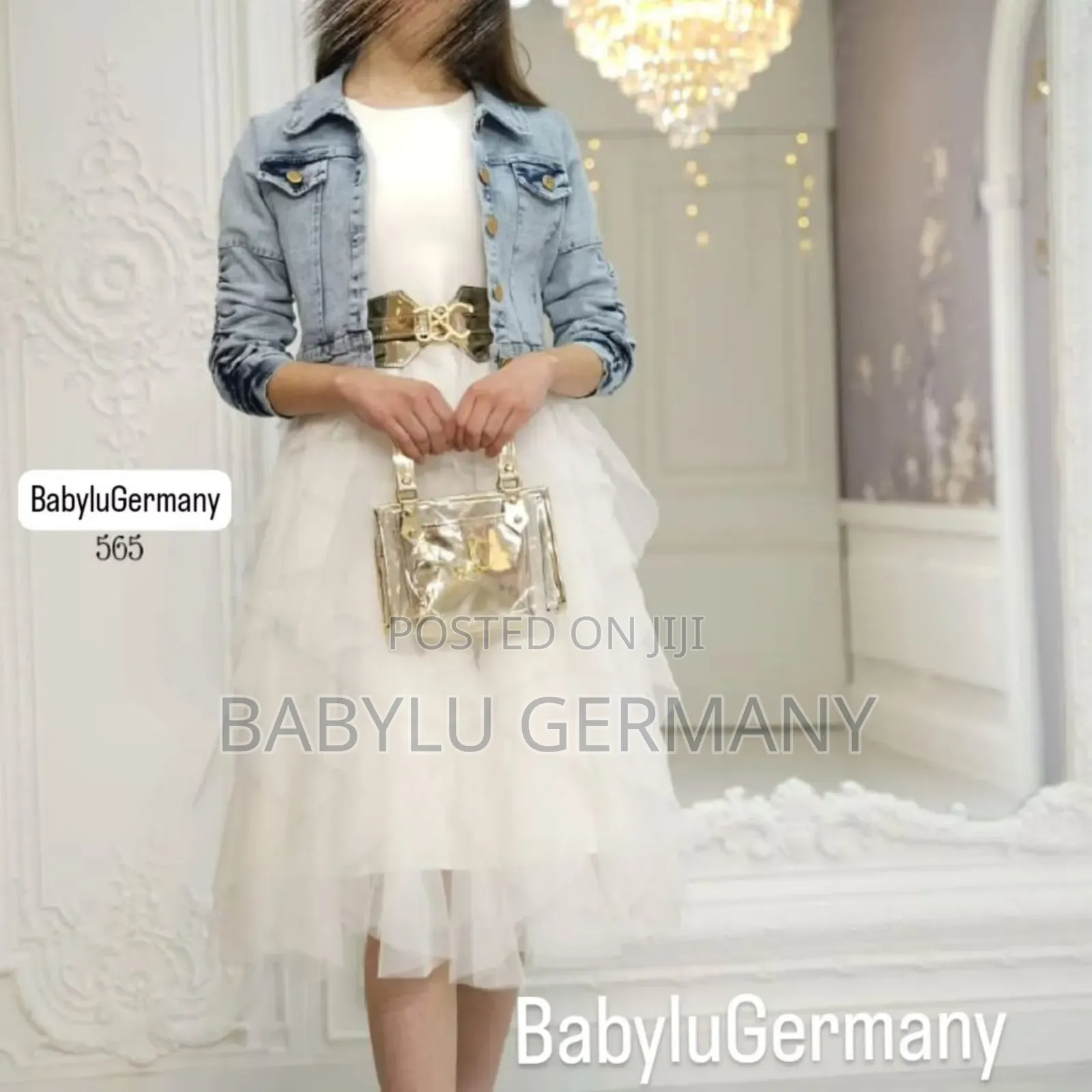 White Turkish Luxury Dress With Jeans Jacket and Golden Bag