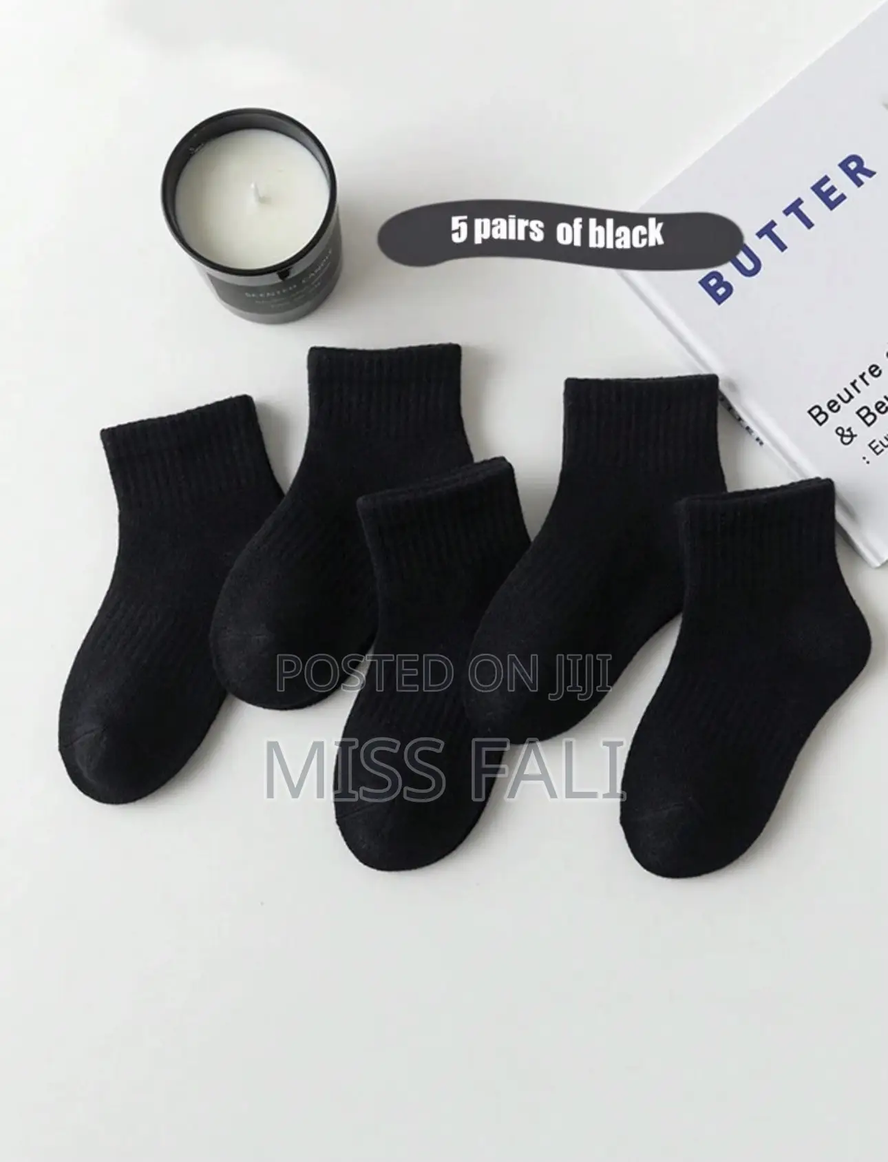 5pairs of Black Cotton Socks. 3-8y, 8-12y.