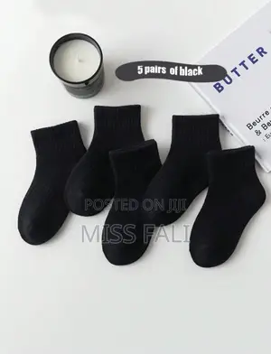 5pairs of Black Cotton Socks. 3-8y, 8-12y.