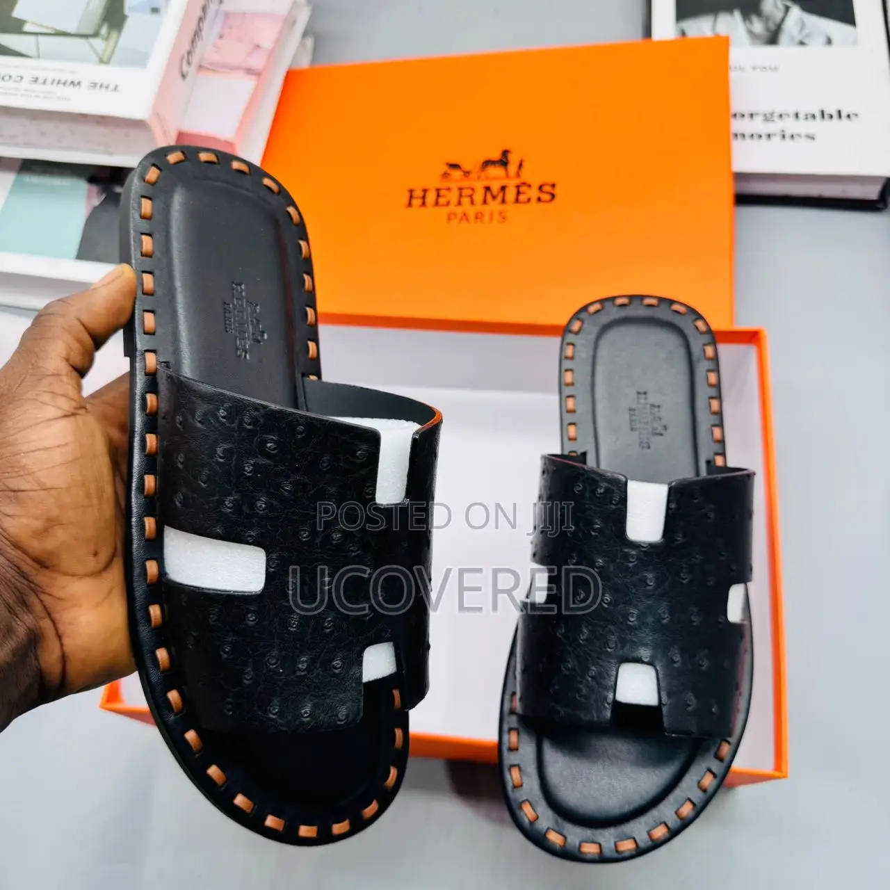 Hermes Men’S Leather Open Toe Crocodile Pattern Slippers