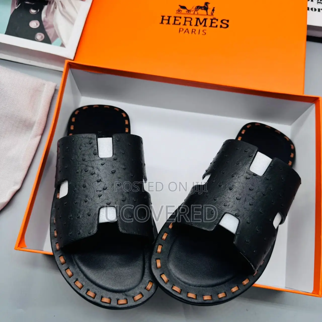 Hermes Men’S Leather Open Toe Crocodile Pattern Slippers