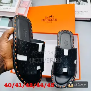 Hermes Men’S Leather Open Toe Crocodile Pattern Slippers