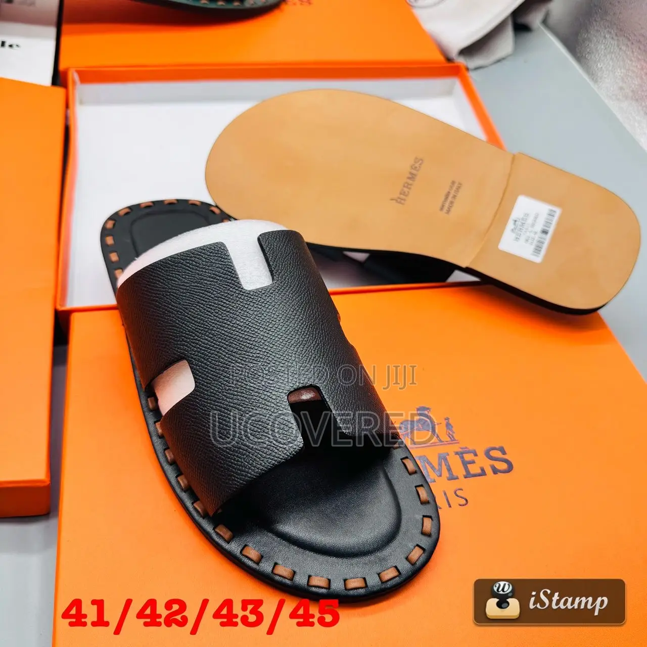 Hermes Men’S Leather Open Toe Crocodile Pattern Slippers