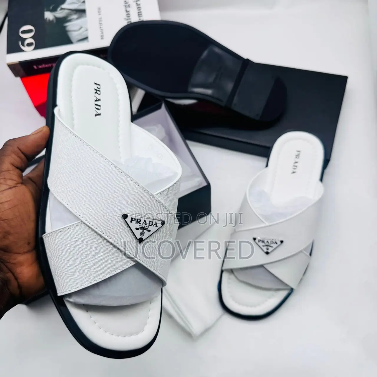 Prada Men’S Leather Open Toe Cross Slippers