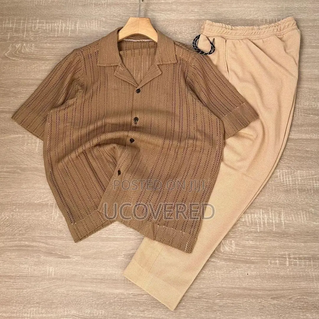 Men’S Solid Color 2 Piece Set Button Front Short Sleeve