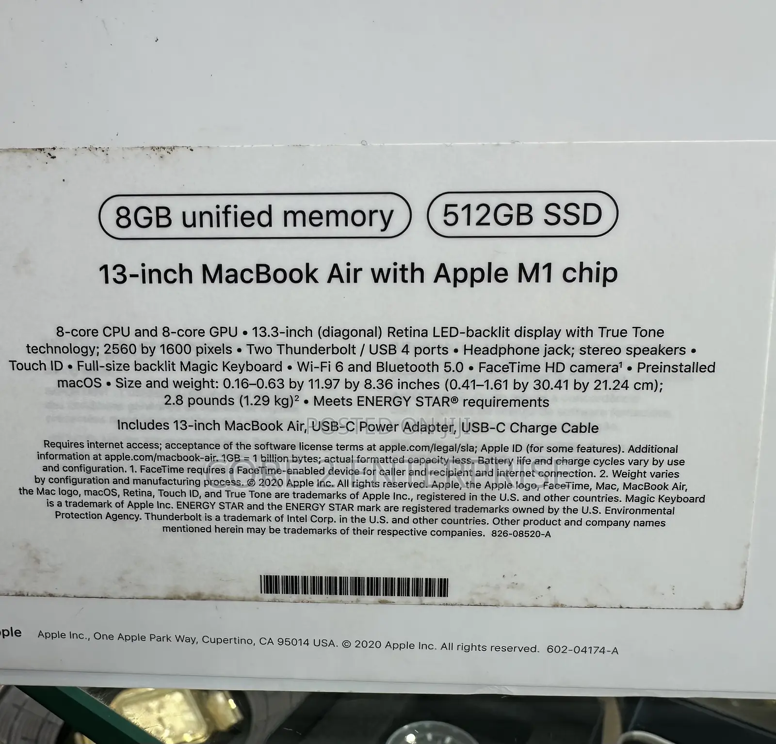 New Laptop Apple MacBook Air 2020 M1 8GB Apple M1 SSD 512GB