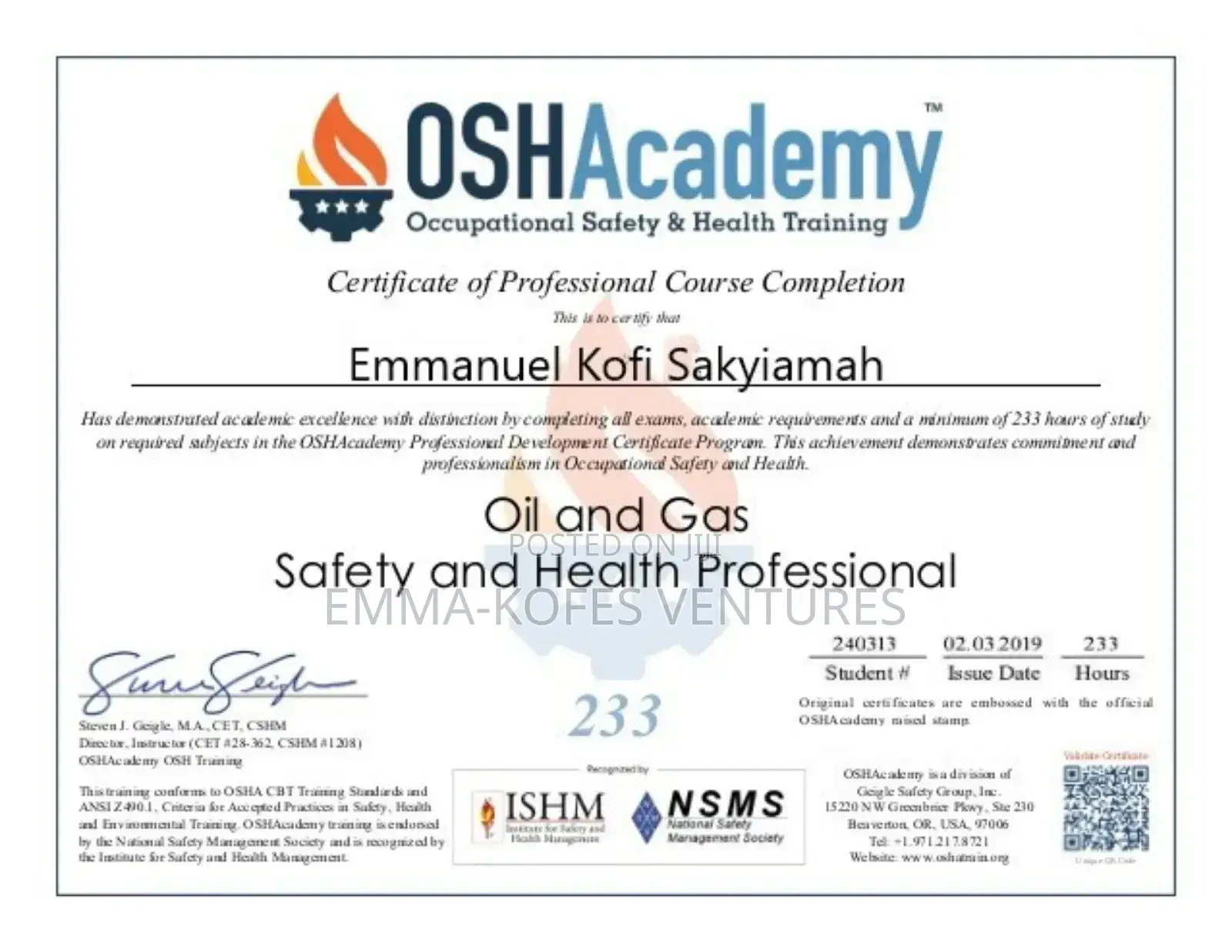 Certified Oil & Gas Safety Pro. Seeking Practical Experience