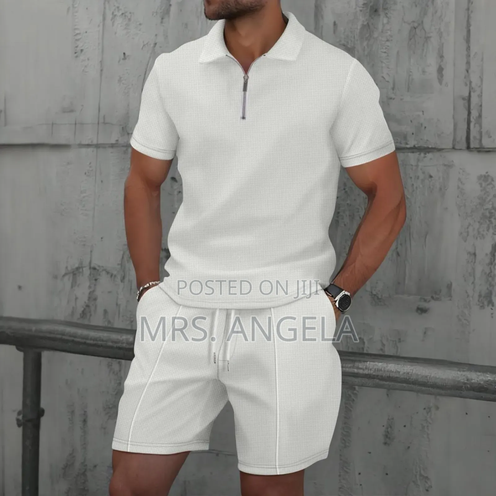 White Casual Zip Polo Shorts Set