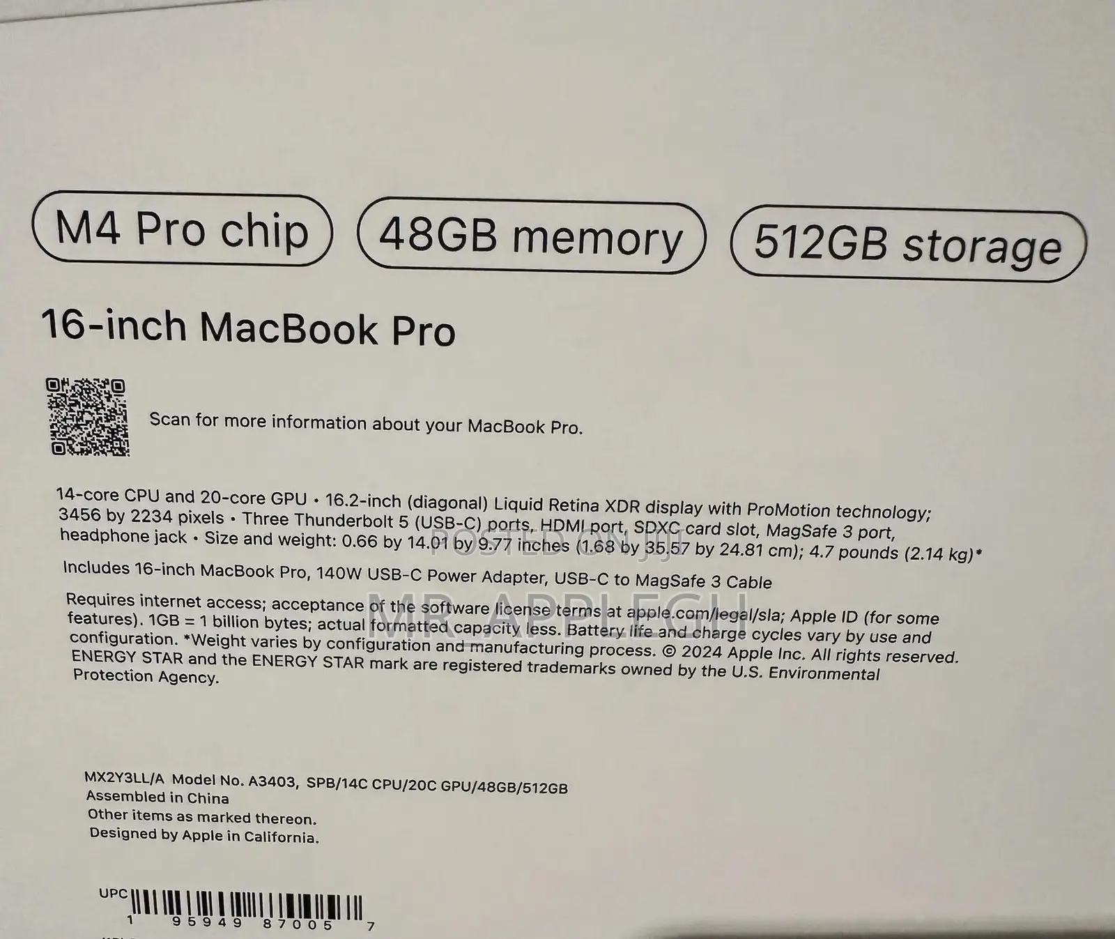 New Apple MacBook Pro 2024 M4 Pro 16-Inch 48GB Apple M4 SSD 512GB