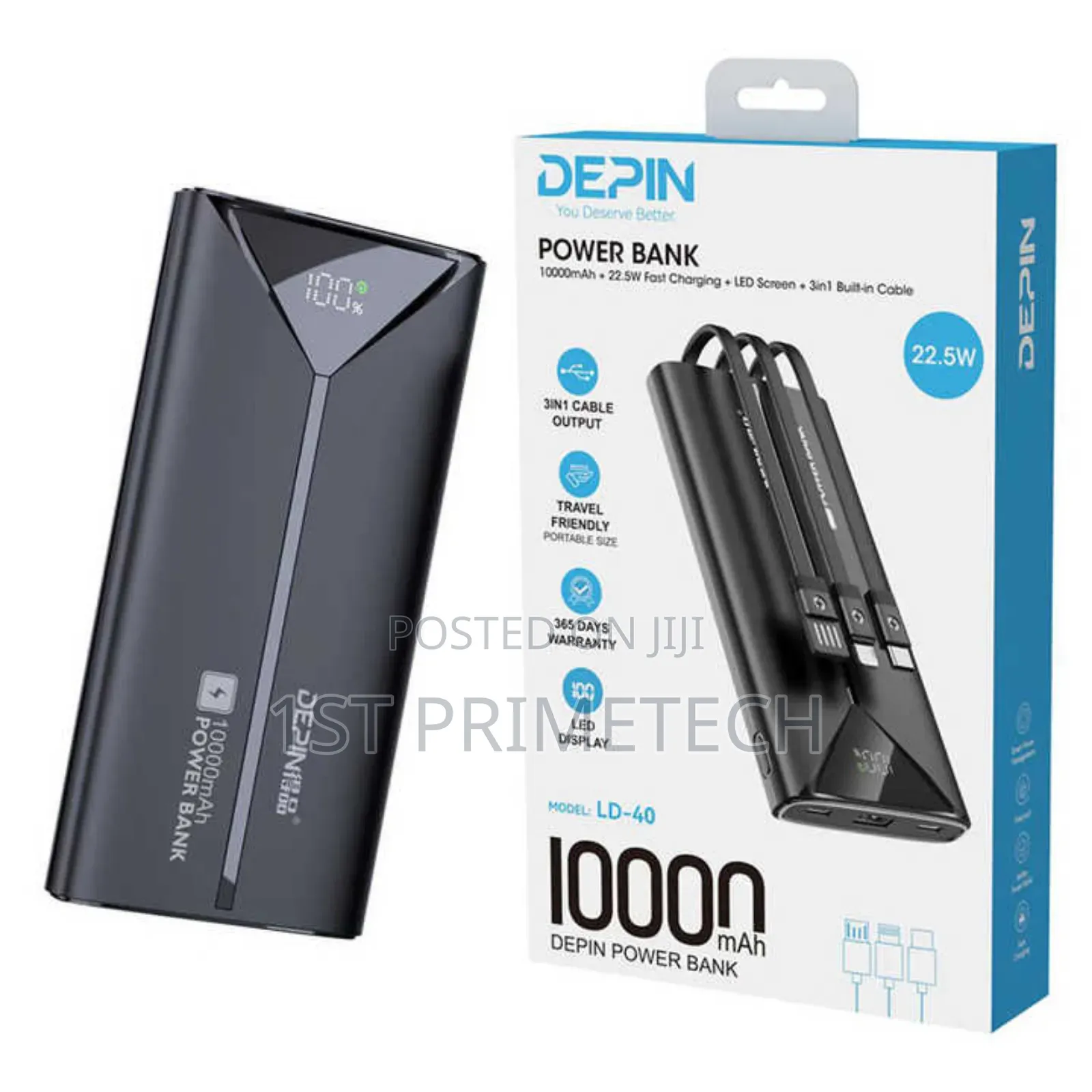Depin 10,000 Mah Cabled Power Bank