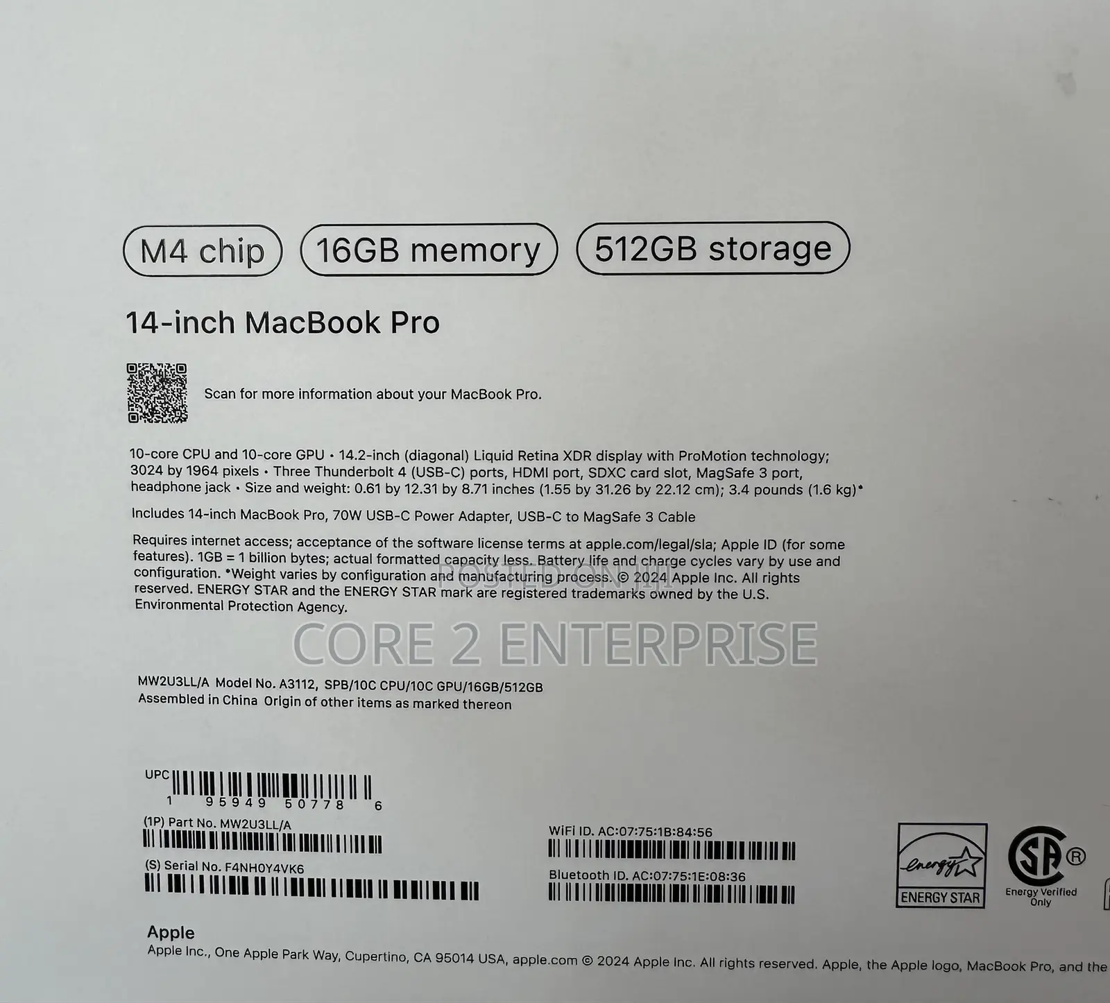 New Laptop Apple MacBook Pro 2024 M4 14-inch 16GB Apple M4 SSD 512GB