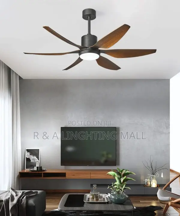 6 Blades Ceiling Fan-Lights + Remote -- Black/Dark Wood