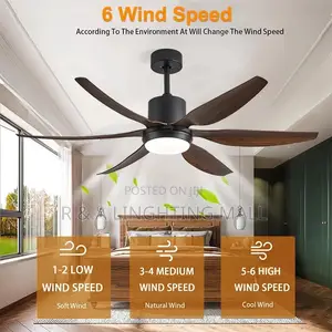 6 Blades Ceiling Fan-Lights + Remote -- Black/Dark Wood
