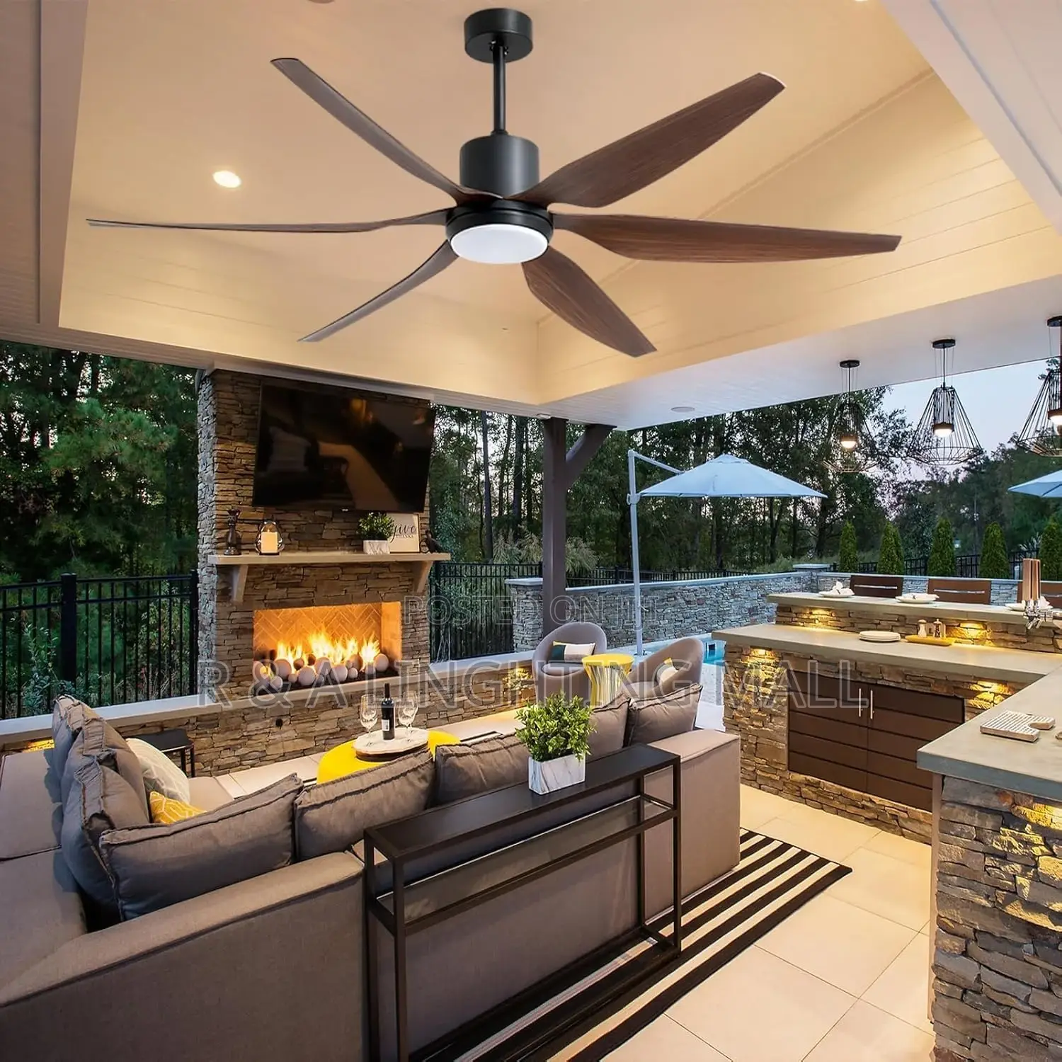 6 Blades Ceiling Fan-Lights + Remote -- Black/Dark Wood