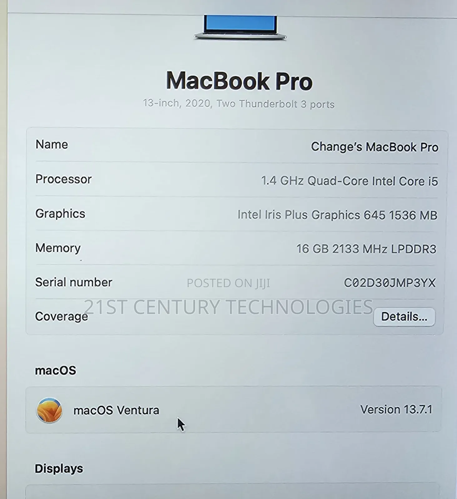 Laptop Apple MacBook Pro 2020 16GB Intel Core I5 SSD 256GB