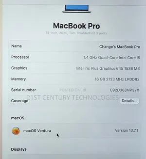 Laptop Apple MacBook Pro 2020 16GB Intel Core I5 SSD 256GB