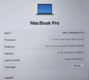 Laptop Apple MacBook Pro 2017 8GB Intel Core i5 SSD 256GB