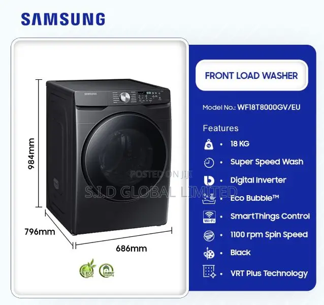 18kg Black Samsung Front Load Washing Machinewf18t8000gv/Eu