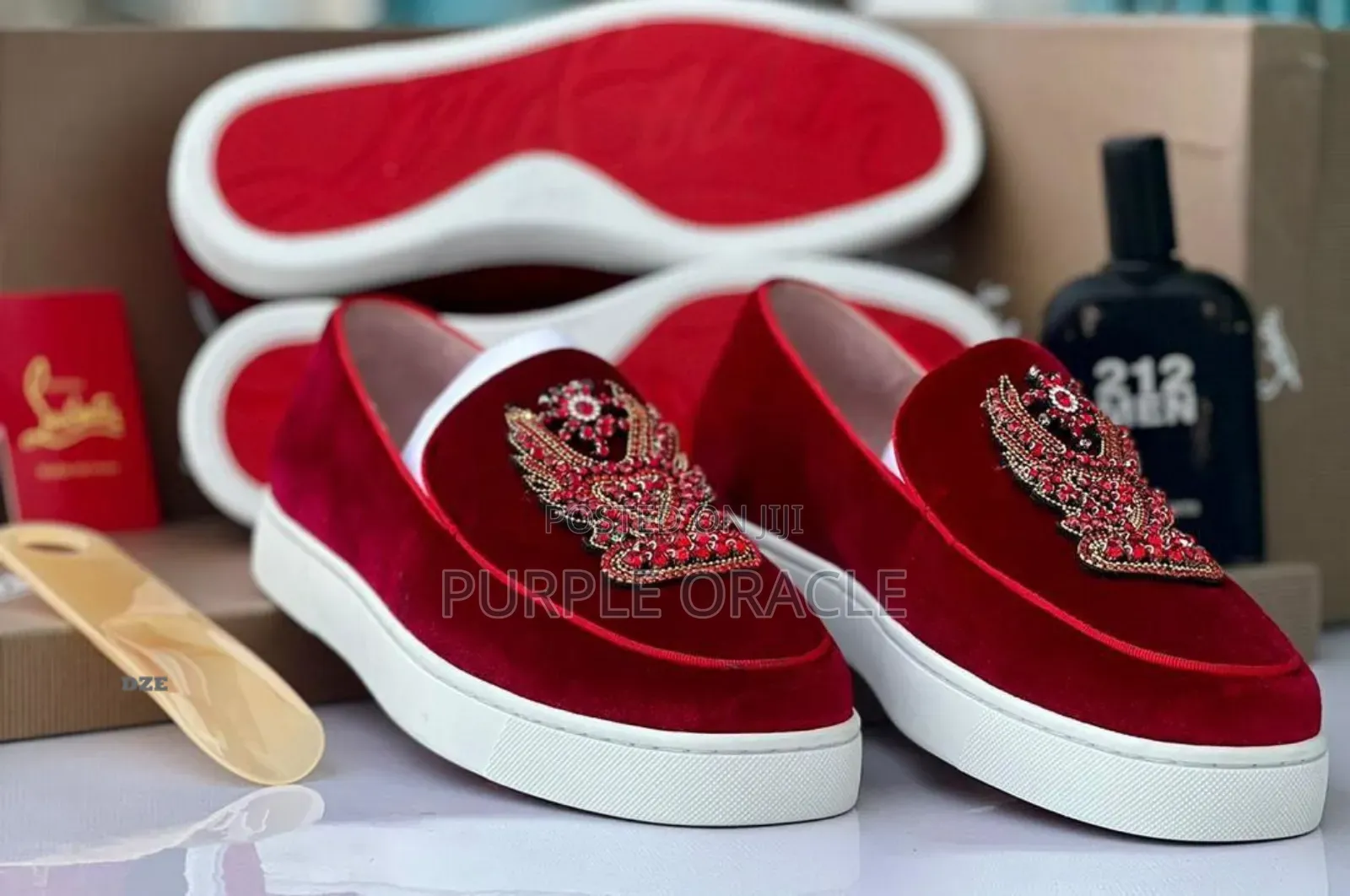 Christian Louboutin Crested Red Velvet Loafers