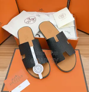 Photo - Hermes Two Toned Quality Leather Slippers- Black Brown