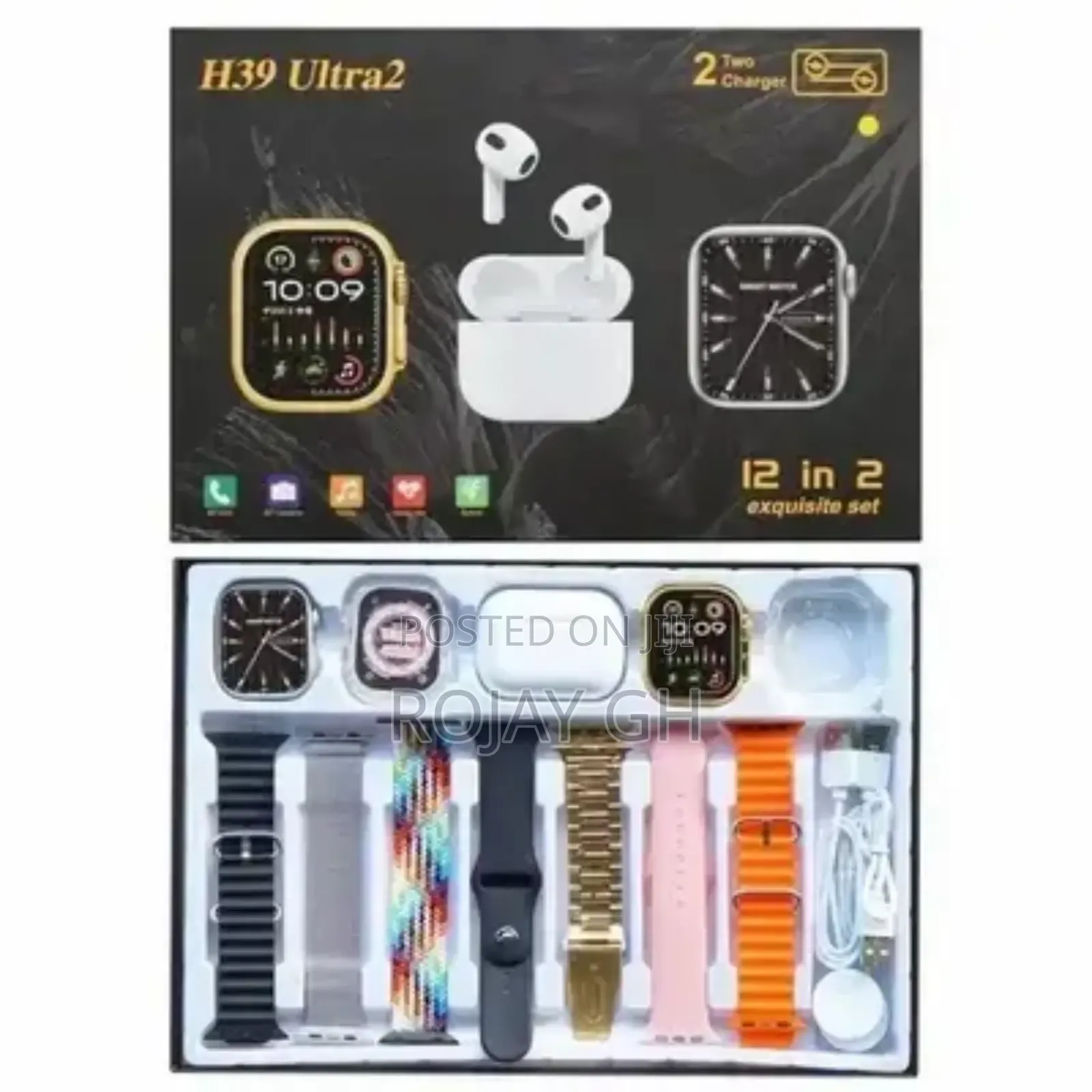 H39 Ultra 12-in-2 Smart Watches Set, Airpod 7 Straps -Gold
