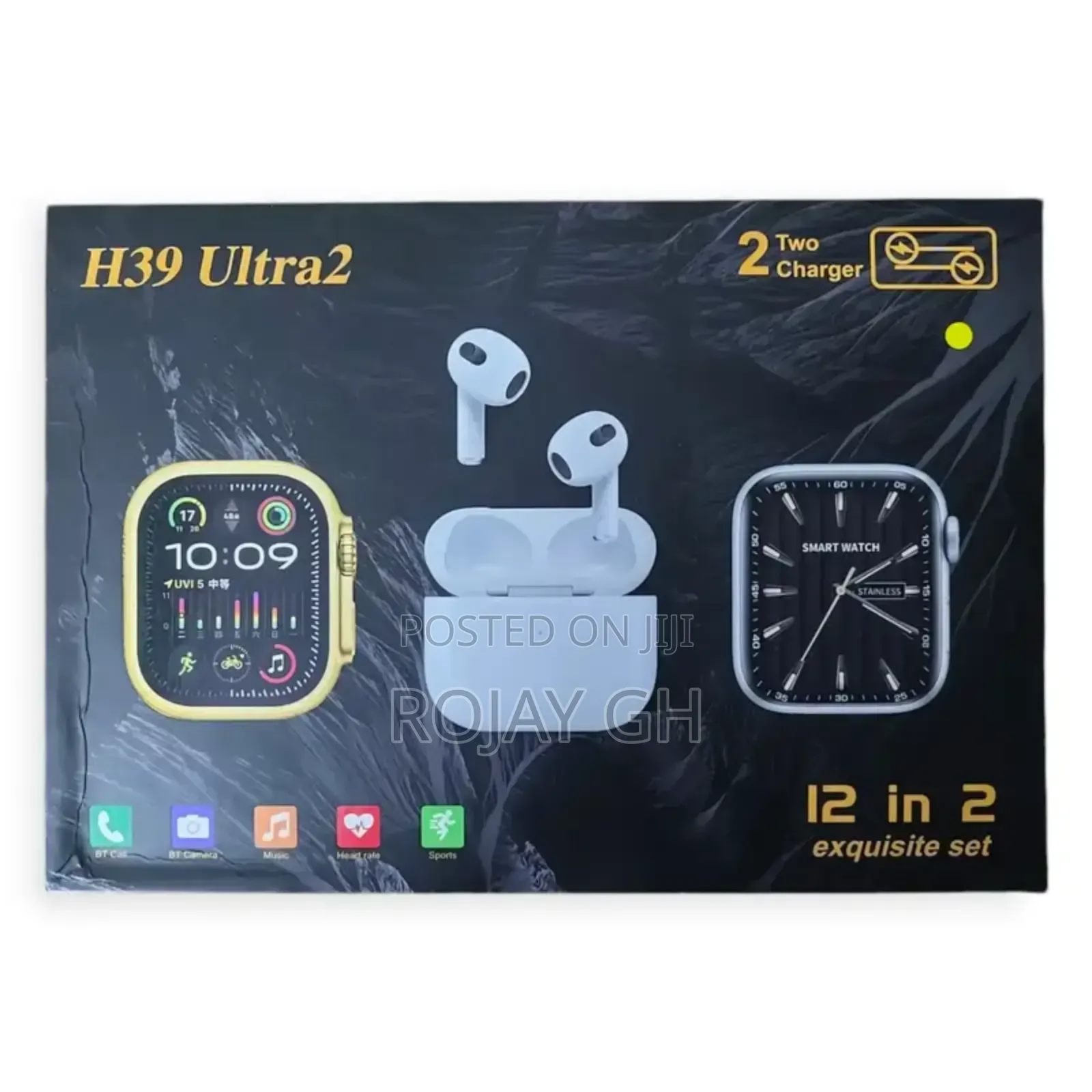 H39 Ultra 12-in-2 Smart Watches Set, Airpod 7 Straps -Gold
