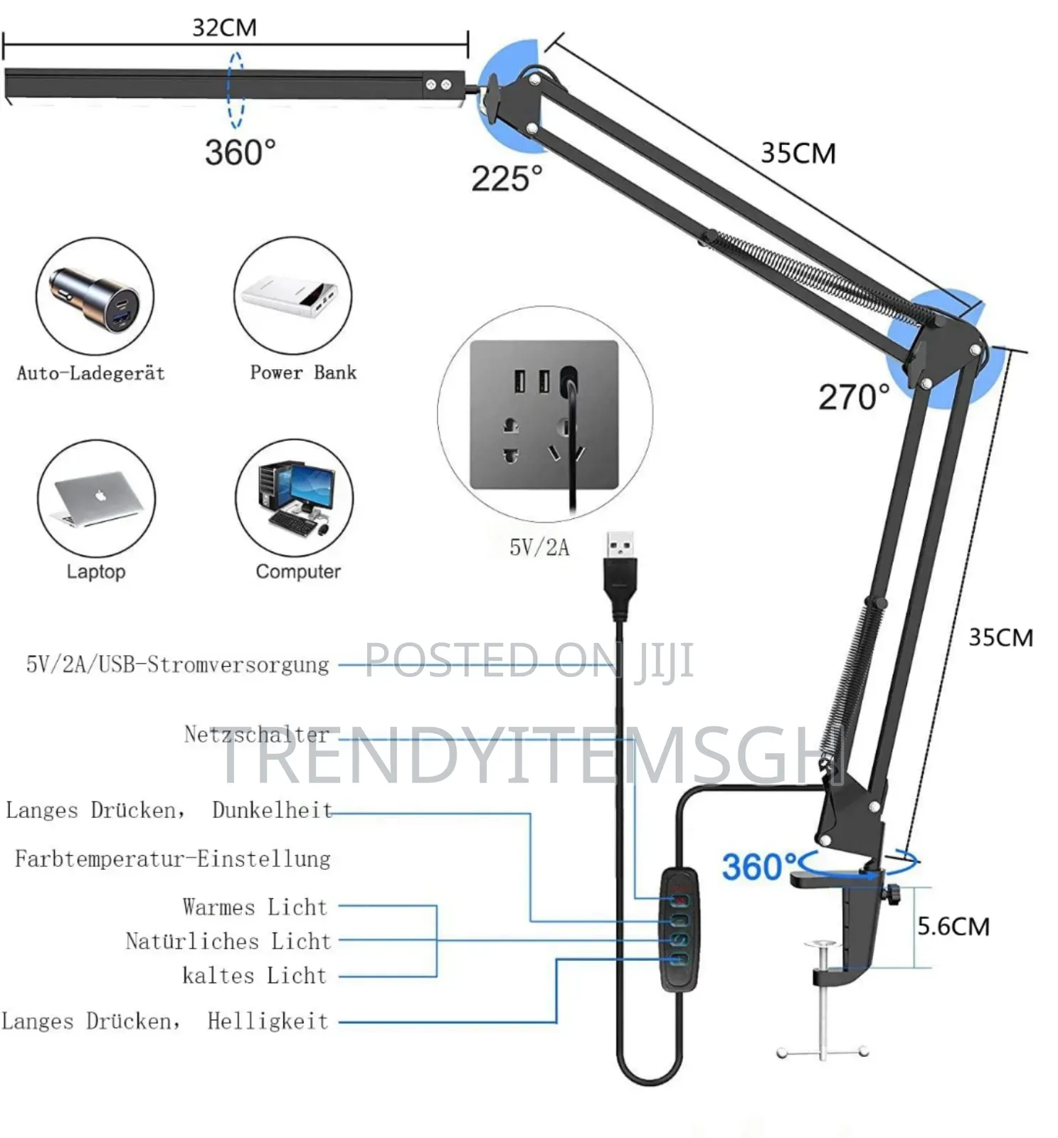 Adjustable 3 Colours Desk Study Lamp With Clamp