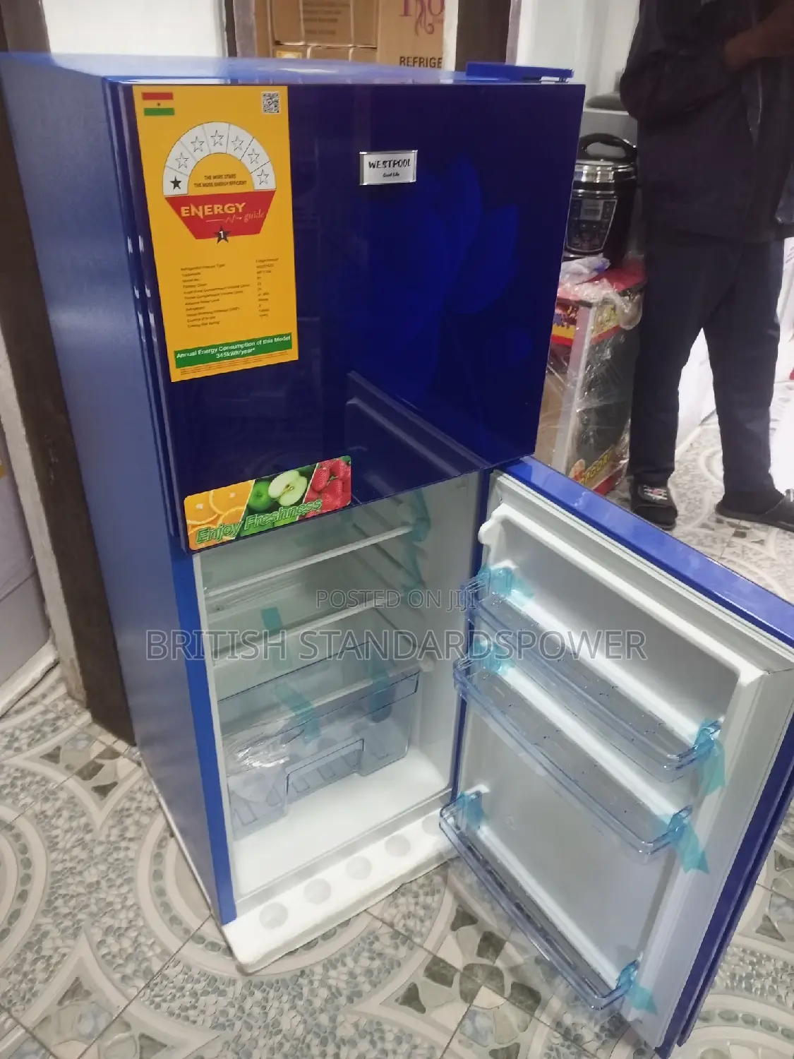 Blue Bliss Westpool Glass Fridge 4 Shelves Fridge Freezer