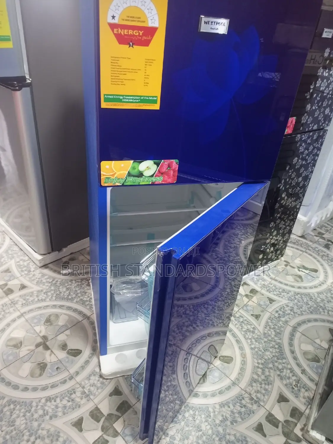 Massive Blue Glass Fridge Freezer Westpool 4 Shelves Fridge