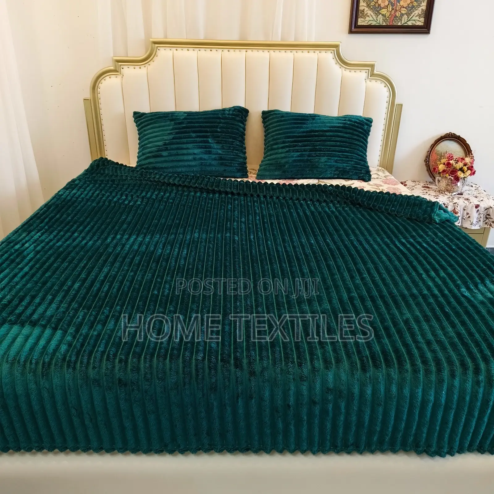 Dark Green Striped Pattern Blanket With 2 Pillow Cases