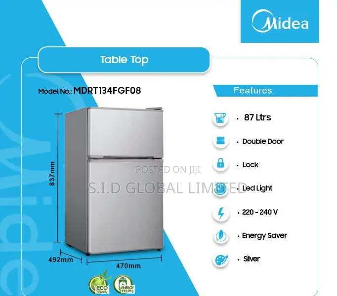 Midea 87ltrs Double Door Tablet Fridge Mdrt134fgf08