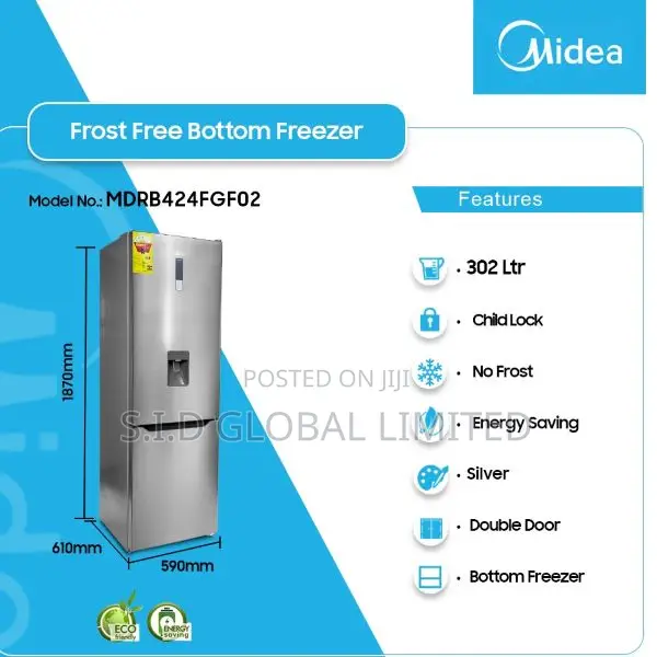 Midea 302ltr Double Door Bottom Freezer 4 Stars Mdrb424fgf02