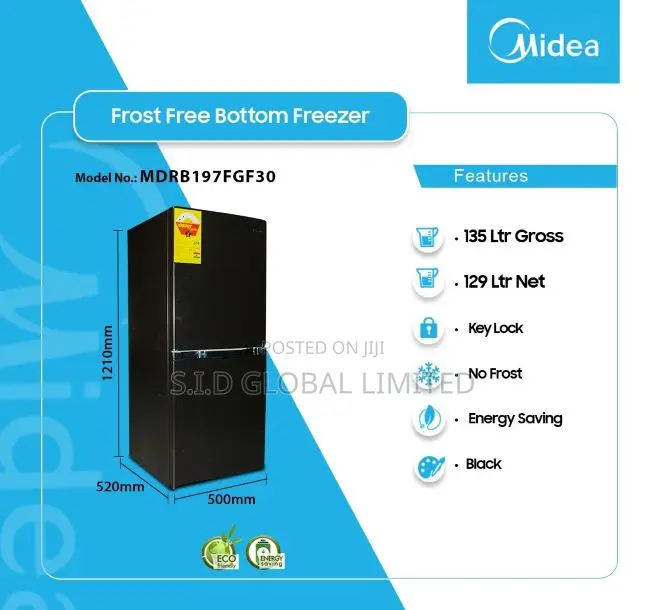 Midea 135ltrs Bottom Freezer Refrigerator Mdrb197fgf30