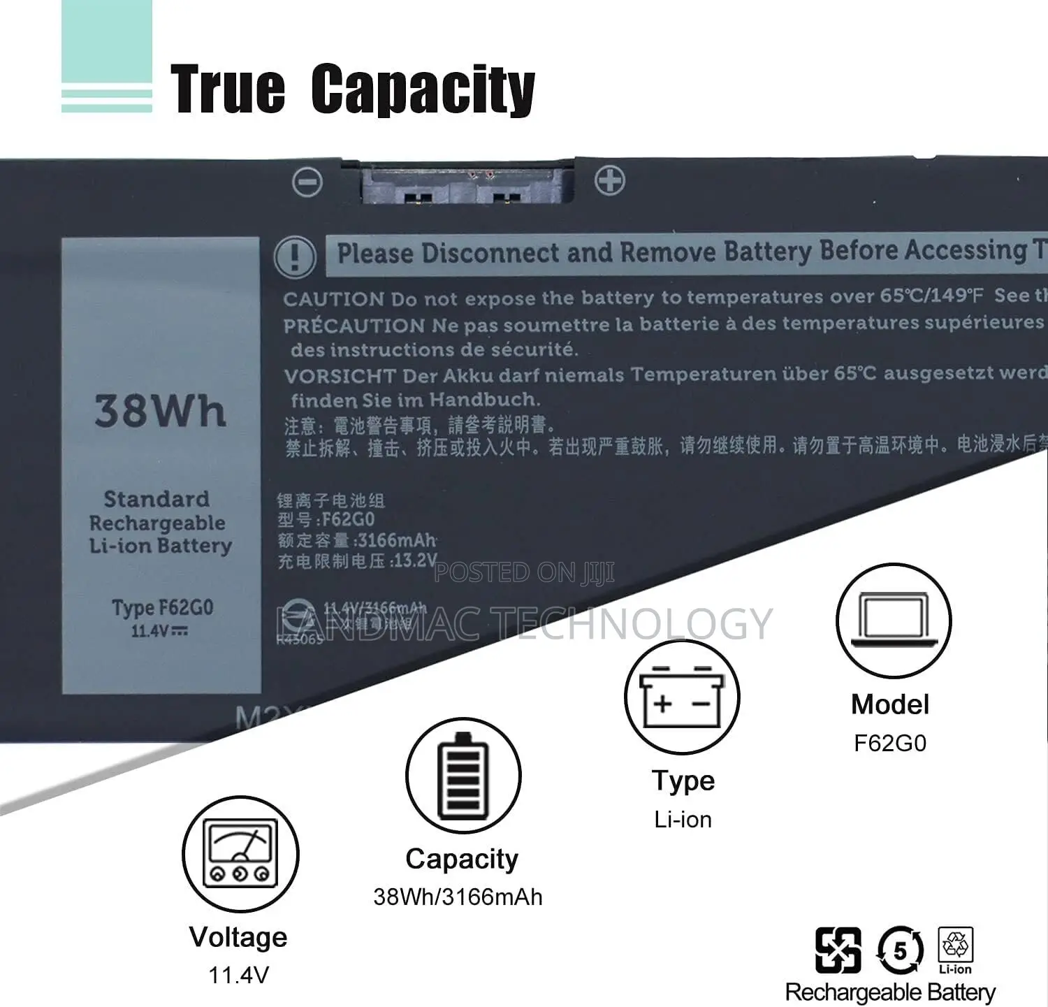 Laptop Battery F62g0 Dell Inspiron 13 5370, 7370, 7373, 7380