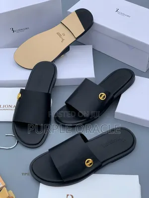 Billionaire Men's Black Leather Slides With Gold Medallion