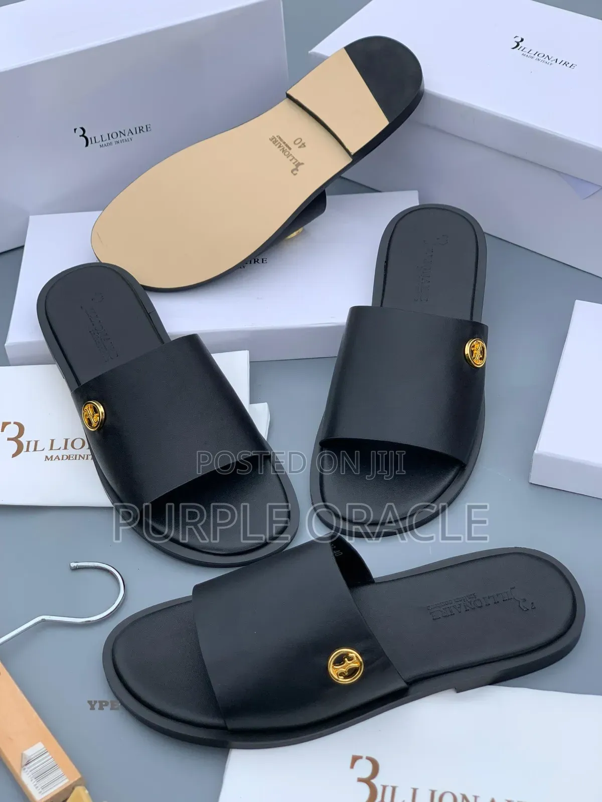 Billionaire Men's Black Leather Slides With Gold Medallion