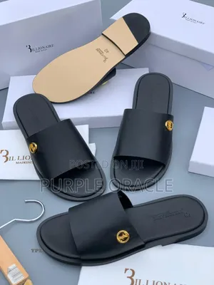 Billionaire Men's Black Leather Slides With Gold Medallion