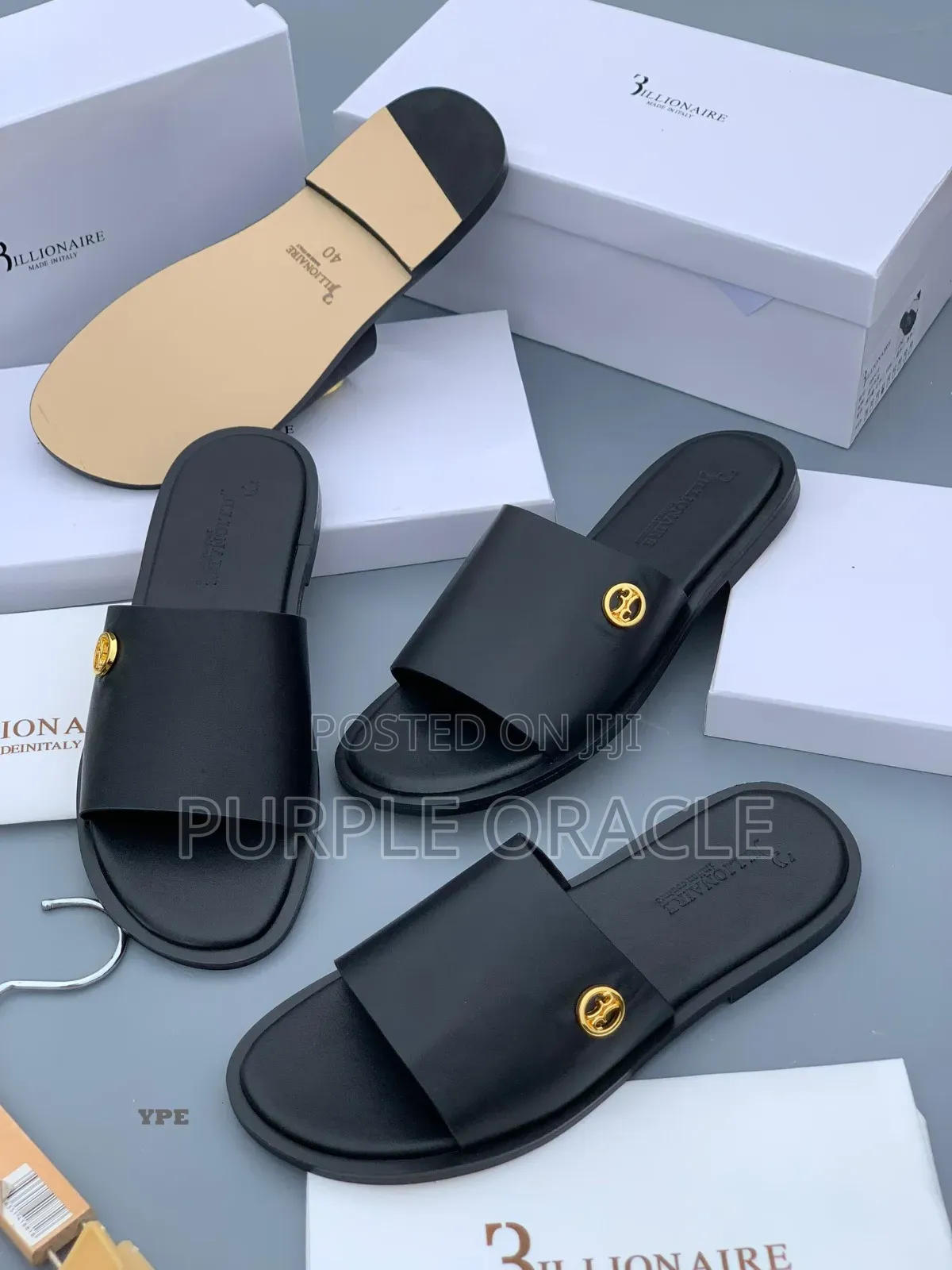Billionaire Men's Black Leather Slides With Gold Medallion