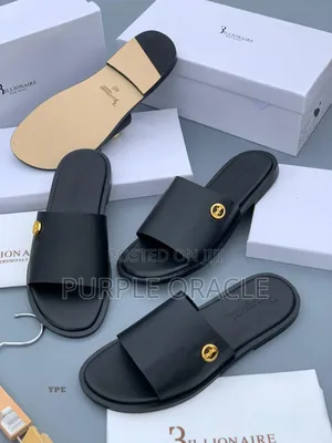 Billionaire Men's Black Leather Slides With Gold Medallion