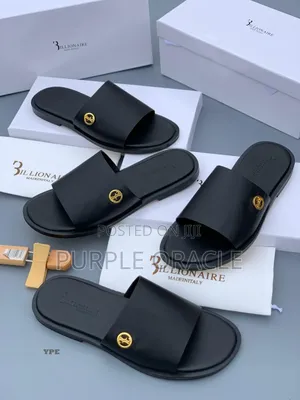 Billionaire Men's Black Leather Slides With Gold Medallion