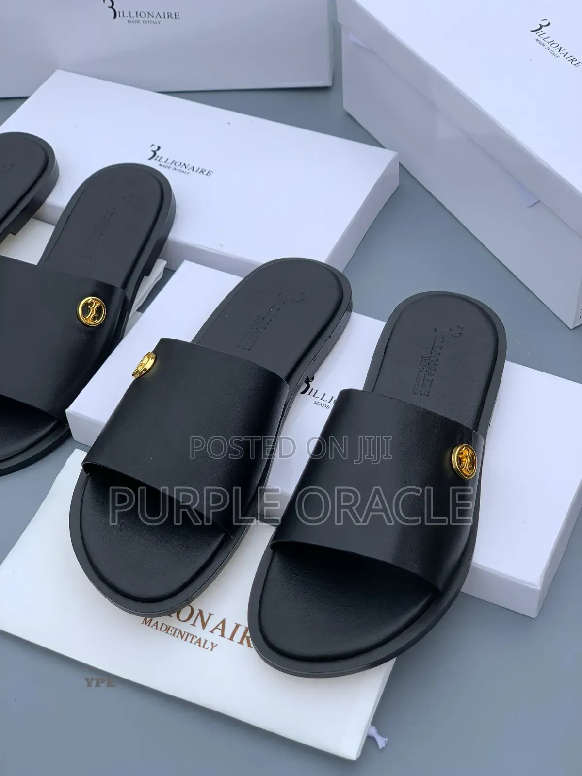 Billionaire Men's Black Leather Slides With Gold Medallion