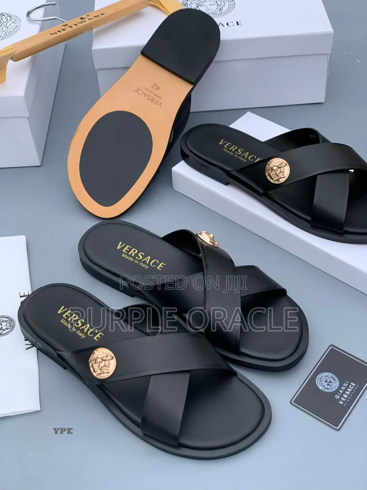 Versace Men's Leather Cross-Strap Medusa Slippers