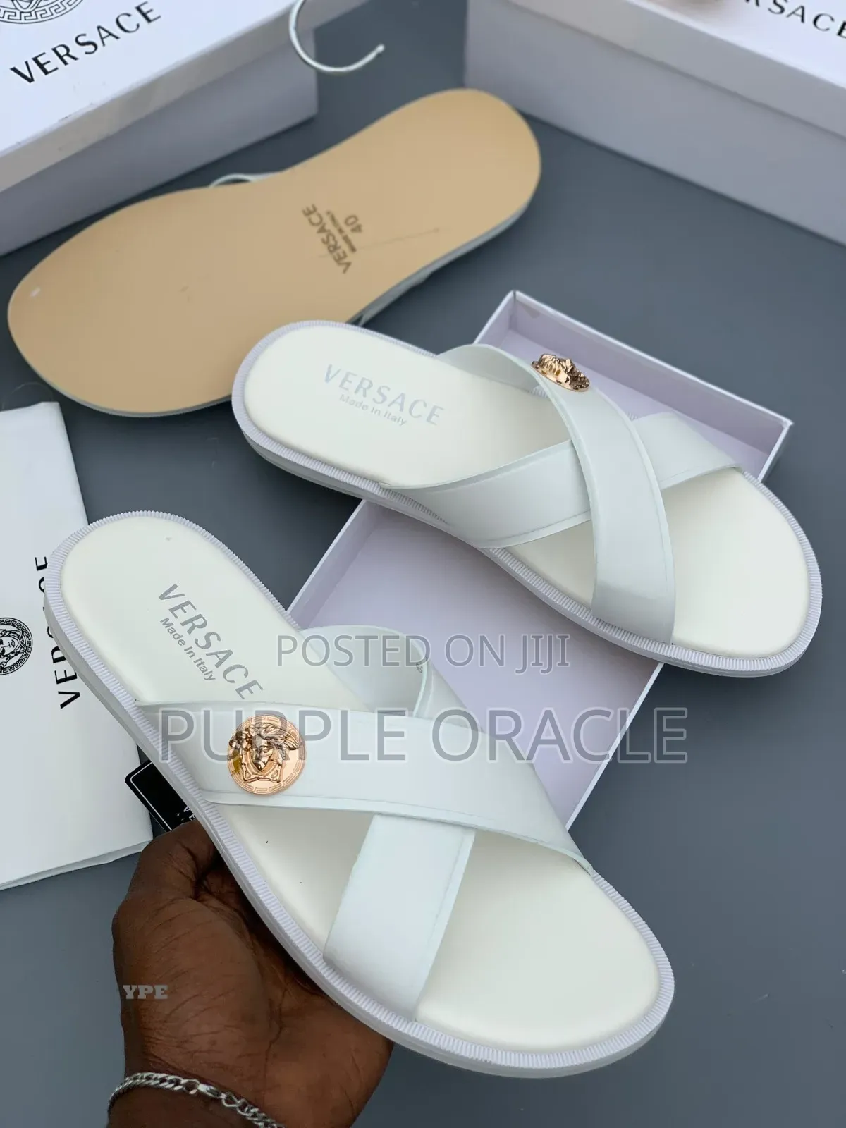 Versace Men's Leather Cross-Strap Medusa Slippers