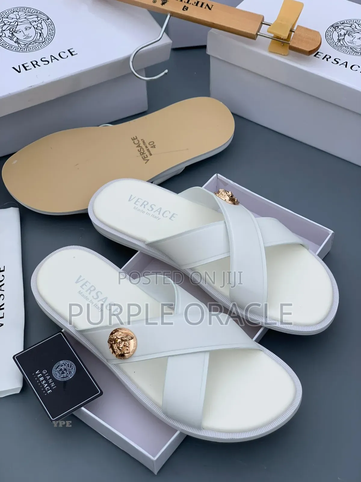 Versace Men's Leather Cross-Strap Medusa Slippers