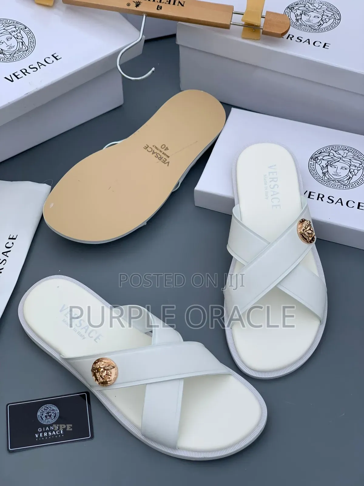 Versace Men's Leather Cross-Strap Medusa Slippers