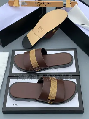 Brown Leather Slides With Gold-Tone Mesh Strap.