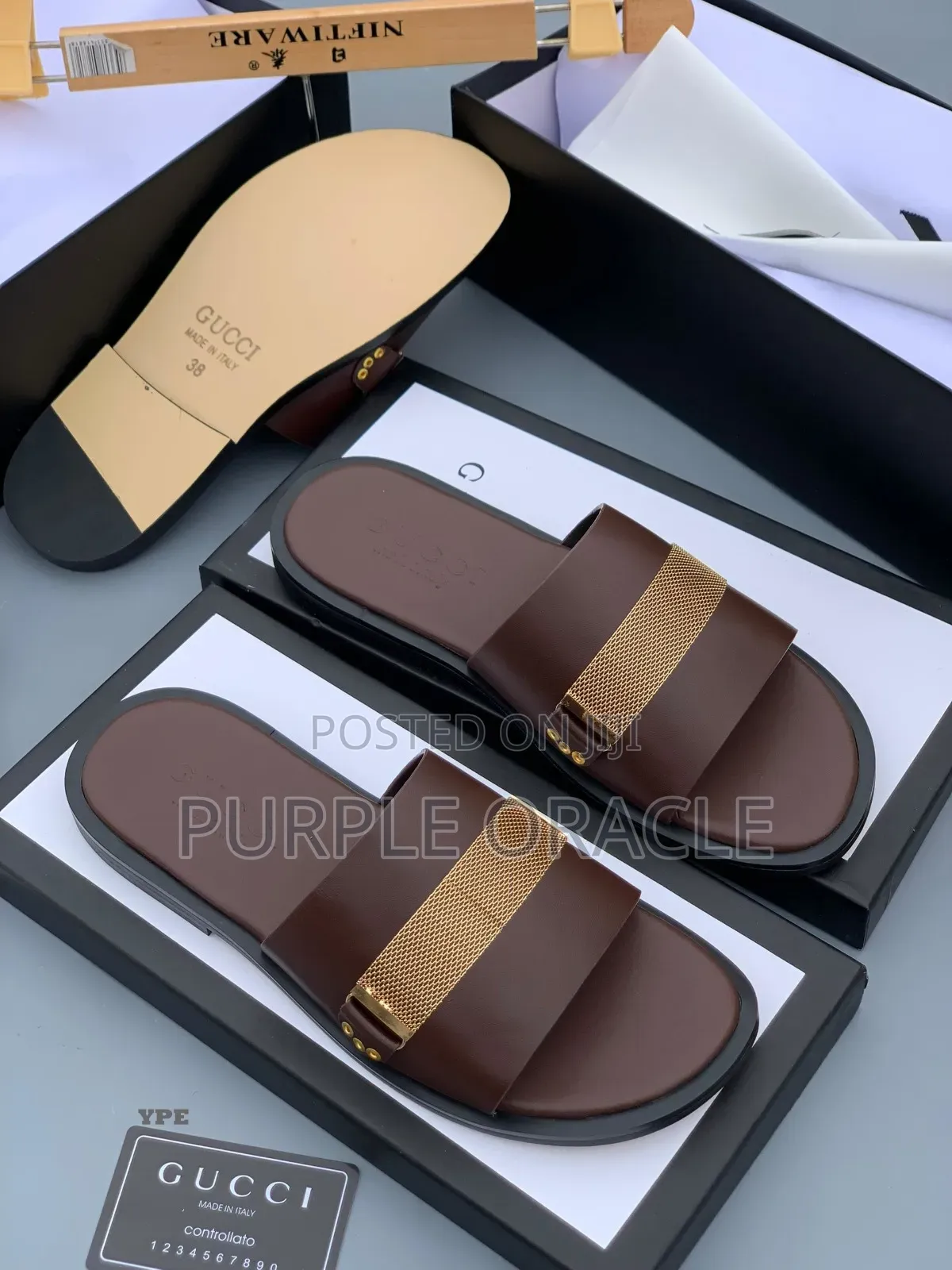 Brown Leather Slides With Gold-Tone Mesh Strap.